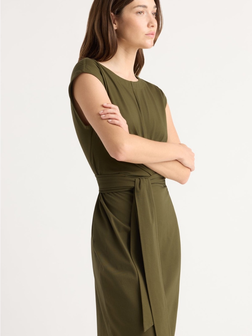 Modern Citizen Olive Green Cap Sleeve Fei Tie-Front Organic Cotton Dress Medium - Picture 2 of 10